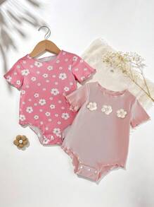 SHEIN 2件套女婴可爱3D花朵装饰连体衣和短袖连体衣套装，夏季女婴高品质服装，新生儿女婴夏季服装