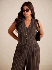 Elaquor Ensemble 2 pièces casual femme grande taille, veste rayée à simple boutonnage et pantalon. Tenue casual chic, idéale pour les femmes, les enseignantes en automne/hiver - Nude - Voir 4