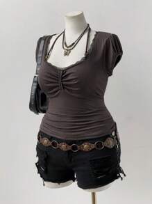 Sunspun Áo thun nữ bó sát ren viền hạt phong cách Y2K cổ điển của Mỹ, áo phông thường ngày - Cà phê nâu - Xem 4