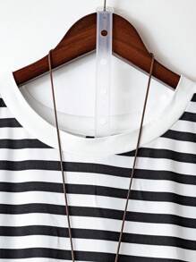 Linhara Plus Size Round Neck Black & White Striped Contrast Side Button T-Shirt