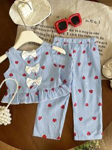 SHEIN Vintaside Kids 2pcs/Set Baby Girl Summer&Autumn Casual Style Strawberry-Printing Sleeveless Top&Long Pants - Blue - View 2