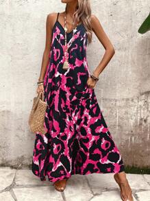 Breezaya 女士休闲豹纹吊带度假太阳裙 - 玫紅色 - 查看 6