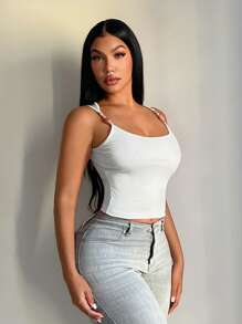 SHEIN SXY Women's White Casual Elegant Pearl Decor Square Neck Tank Top, Vacation Style White Tank Top Women Top