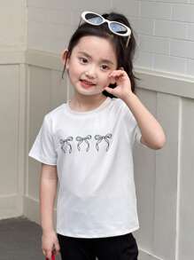 Young Girl Summer New Casual Set Bow Print Short Sleeve T-Shirt + Slim Fit Flare Leg Opening Long Pants, 2pcs - White - View 3