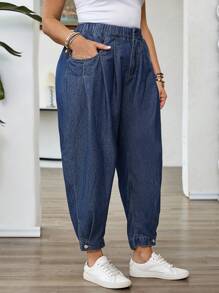 EMERY ROSE Quần Jeans Denim Không Co Giãn Cỡ Lớn Cho Nữ, Quần Denim Nhẹ Thường Ngày Có Cạp Thun, Thiết Kế Viền Hở, Quần Jeans Đèn Lồng Denim Dáng Rộng Cho Mùa Hè - Màu xanh lam - Xem 5