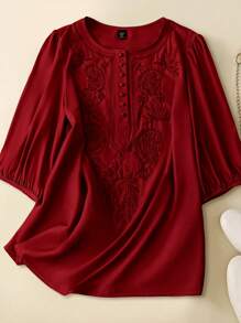 Plus Size Women 3/4 Sleeve V-Neck Half Front Button Down Embroidery Collar Woven Shirt - Red - View 1