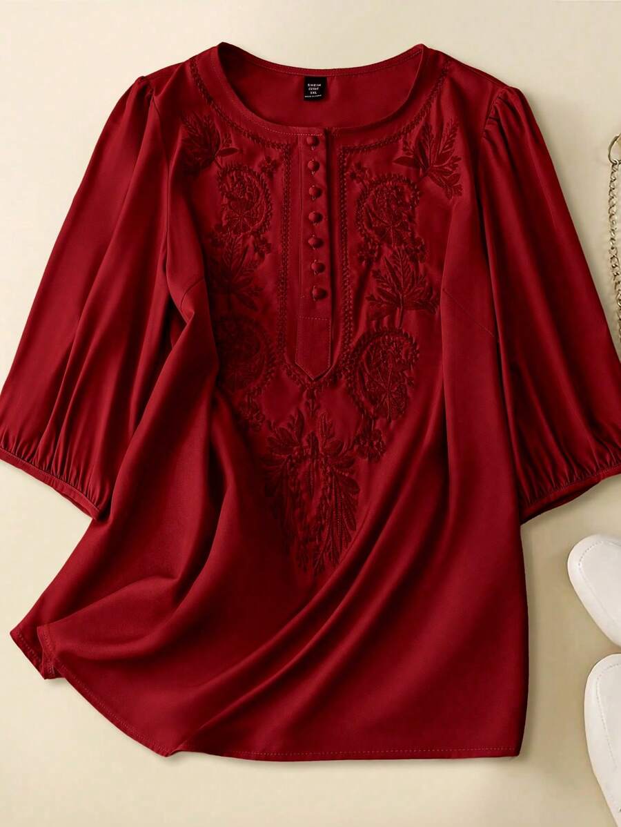 Plus Size Women 3/4 Sleeve V-Neck Half Front Button Down Embroidery Collar Woven Shirt - Red - View 1
