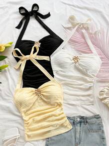 Soleia 3 件套女士无袖 V 领花朵金属扣针织工字背心，白色、黑色、黄色，适合度假、音乐节、波西米亚风、节日、约会下午茶 - 彩色 - 查看 4