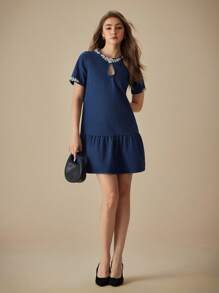 SHEIN LUNE Women's Elegant Diamond Decor Denim Midi Dress, Summer - Blue - View 6
