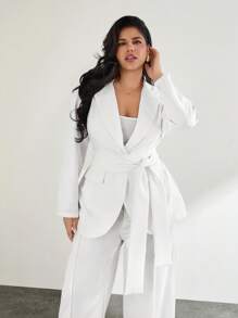 SHEIN Privé 大码女式不对称深 V 领长袖开衫，系腰带休闲工作夹克，纯白色 - 白色 - 查看 12