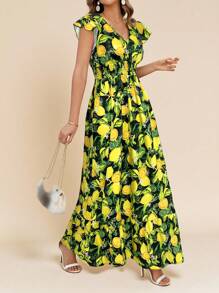 Amorya 女士优雅褶皱盖袖抽绳腰水果印花连衣裙，度假夏装 - 黑色 - 查看 4