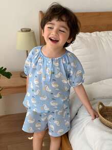 Hapijoa 2pcs/Set Kids Boys Casual Round Neck Short Sleeve Top And Shorts Home Wear Set, Summer - Baby Blue - View 2