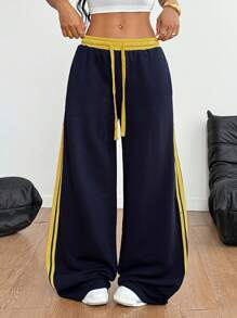 Coolane 男女夏季狂欢节街头运动休闲撞色条纹纹理装饰弹性腰带深蓝色和黄色阔腿运动裤 - 藏蓝色 - 查看 7