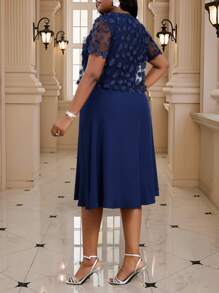 SHEIN Lady Spring And Summer Woven Navy Blue Chiffon Round Neck Waist A-Line Dress With Mesh Embroidery Short Plus Size Jacket Plus Size Two Pieces Set Summer Outfits For Women Summer Dresses For Women Vacation Outfits Woman Beach Outfits For Woman Wedding Guest Dress Women Birthday Dresses For Women Cheetah Print Business Casual Woman Birthday Outfits For Women 4th Of July Women - Navy Blue - View 2