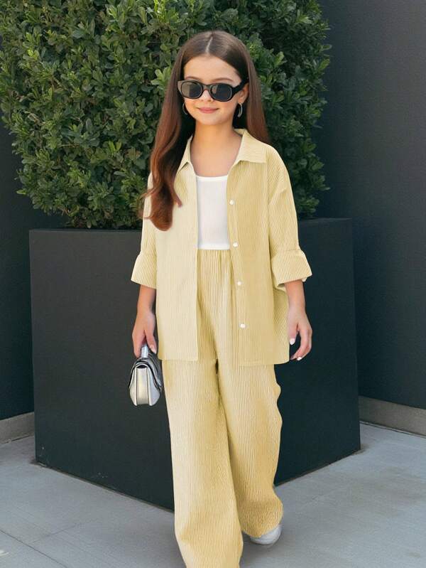 SHEIN Set de cămașă cu umeri căzuți, stil casual, stil stradal, cu dungi, lejere, pentru fete preadolescente, cu camisol și pantaloni largi, potrivit pentru primăvară/vară, vacanță, ieșiri casual, întoarcerea la școală