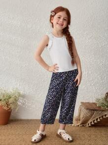 Blossori Young Girls Casual Ruffled Knit Camisole And Loose Cropped Pants Set - Multicolor - View 4
