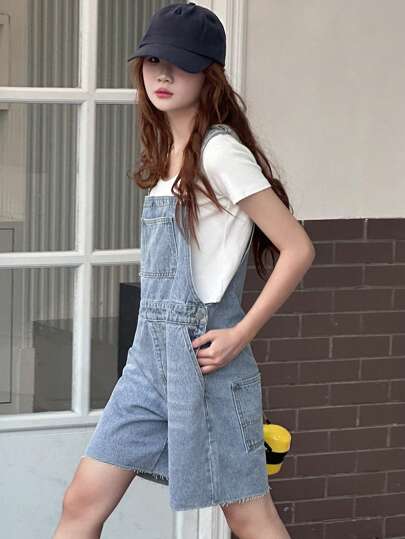 Dazy Kids 青少年女孩蓝色休闲时尚夏季牛仔连体裤，返校服