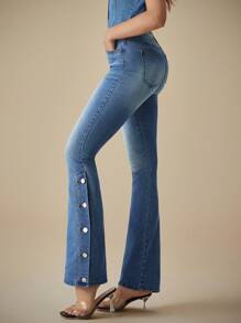 Selenza Button Detail Flare Leg Jeans  ,Butt Lifting Jeans Women - Light Wash - View 1