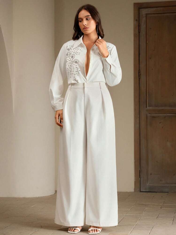 Plus Size Elegant White Woven Fabric Top With Pearl Details And Long Sleeves