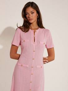 COSMINA Đầm dài tay ngắn trang trí khóa kim loại thanh lịch cho nữ, mùa xuân/hè nghỉ dưỡng - Màu Hồng baby - Xem 5