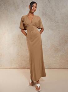 COSMINA Women V-Neck Flutter Sleeve Slim Fit Long Casual Summer Dress - Camel - View 4