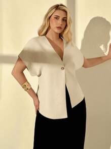 Auralis 大尺碼米色夏季商務休閒女款優雅純色蝙蝠袖單扣薄款西裝外套，修身老錢風通勤上衣 - 杏色 - 查看 6