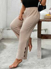 SHEIN LUNE 大码休闲纯色锥形裤 - 卡其色 - 查看 3