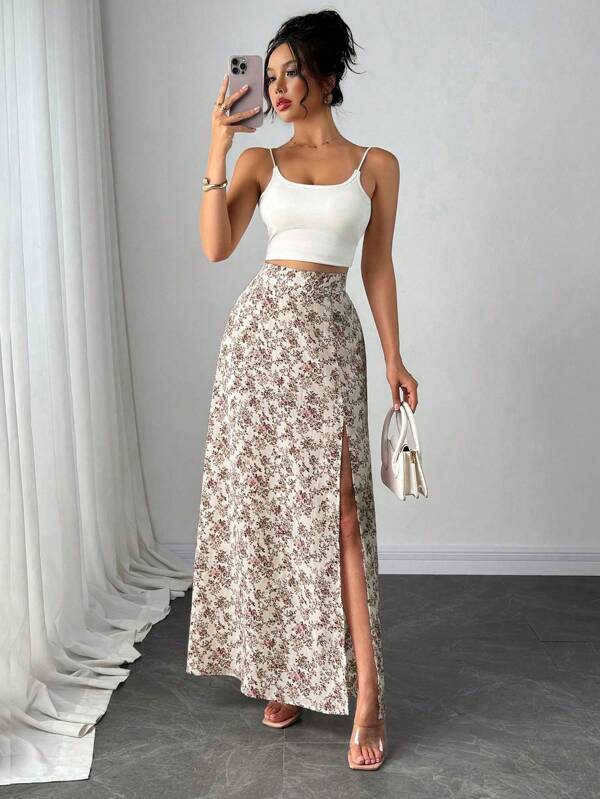 SHEIN PETITE Women Ditsy Floral High Slit Sexy & Elegant Skirt