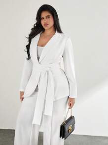 SHEIN Privé 大码女式不对称深 V 领长袖开衫，系腰带休闲工作夹克，纯白色 - 白色 - 查看 5