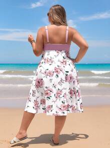 SHEIN CURVE+ Plus Size Women Floral Print Criss-Cross Design Casual Strap Swim Dress Summer/Country/Beach Vacation Outfits/Beach Outfits/Beach Wear