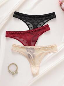 SHEIN 3pcs/Pack Women Low Waist Lace Thong Panties, Random Heart Pattern