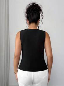 Elenzga Plus Size Summer Casual Solid Color Ribbed Tank Top With Metal Buckle