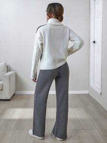 EURMUSE 休闲高领拼色麻花针织灯笼袖毛衣和纯色素色高腰阔腿针织裤两件套秋冬女装 - 杏色 - 查看 2