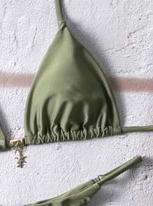 Swim Vcay Women's Plain Halter Metal Pendant Swimwear, Sexy Thong Bikini Set, Summer - Green - View 4