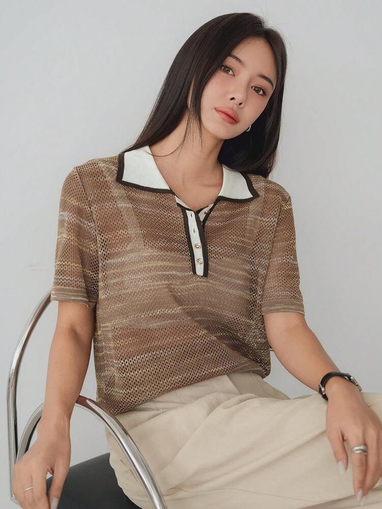 Women's Summer/Spring Autumn Polo Collar Splice Textured Batik Tie Dye Hollow-Knit Sheer Pullover Short Sleeve Sweater Top Business Casual Woman Work Clothes