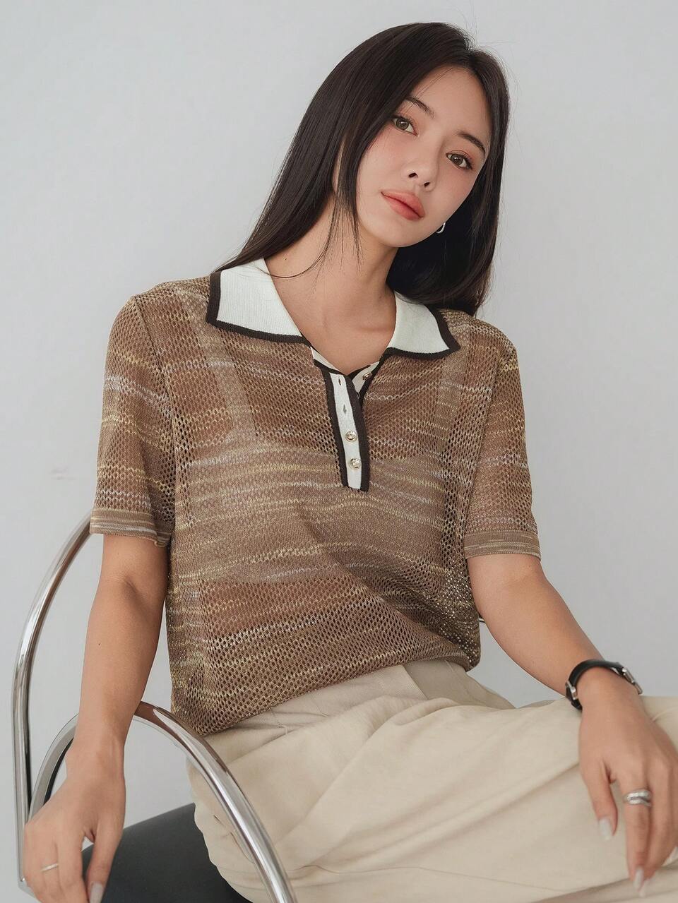 Women's Brown And White Polo Collar Hollow-Knit Sheer Pullover Short Sleeve Sweater Top,Summer Casual Office Business Work Clothes Batik Tie Dye