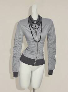 SHEIN ICON Women Ruched High Collar Color Block Raglan Sleeve Casual Jacket Coat - Grey - View 3