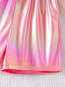 2 件套 Tween Girls 彩虹色涂层面料前开式无袖短款上衣和休闲短裤套装，夏季 - 玫紅色 - 查看 4