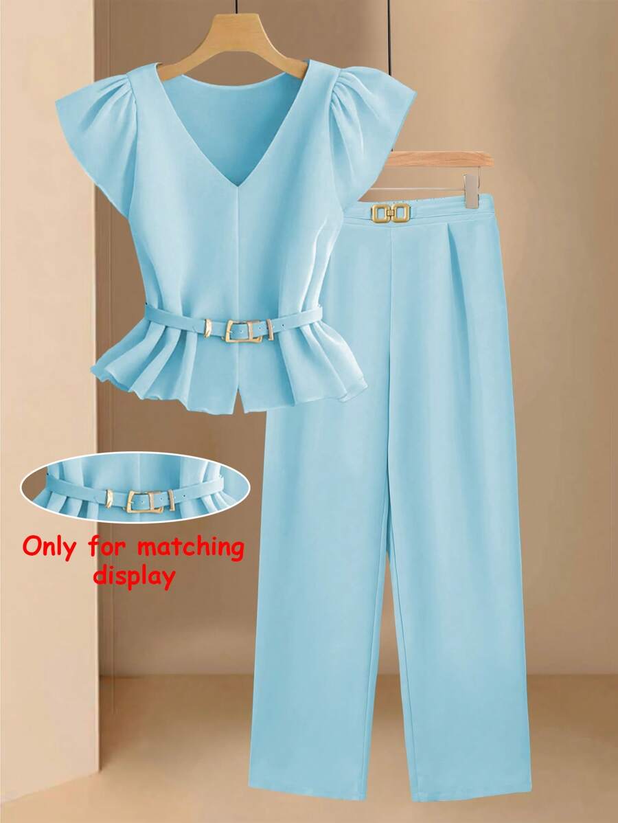 SHEIN Clasi Setelan Dua Potong Atasan dan Celana Leher V untuk Wanita di Musim Panas (Tanpa Sabuk) - Baby Blue - View 1