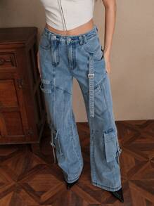 Savoree Retro Fashion Women's Flare Denim Cargo Pants - Blue - View 6