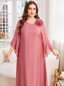 Lacomfia Plus Size Women Plain & Chiffon Patchwork Simple Conservative Casual Dress Fall - Dusty Pink - View 1