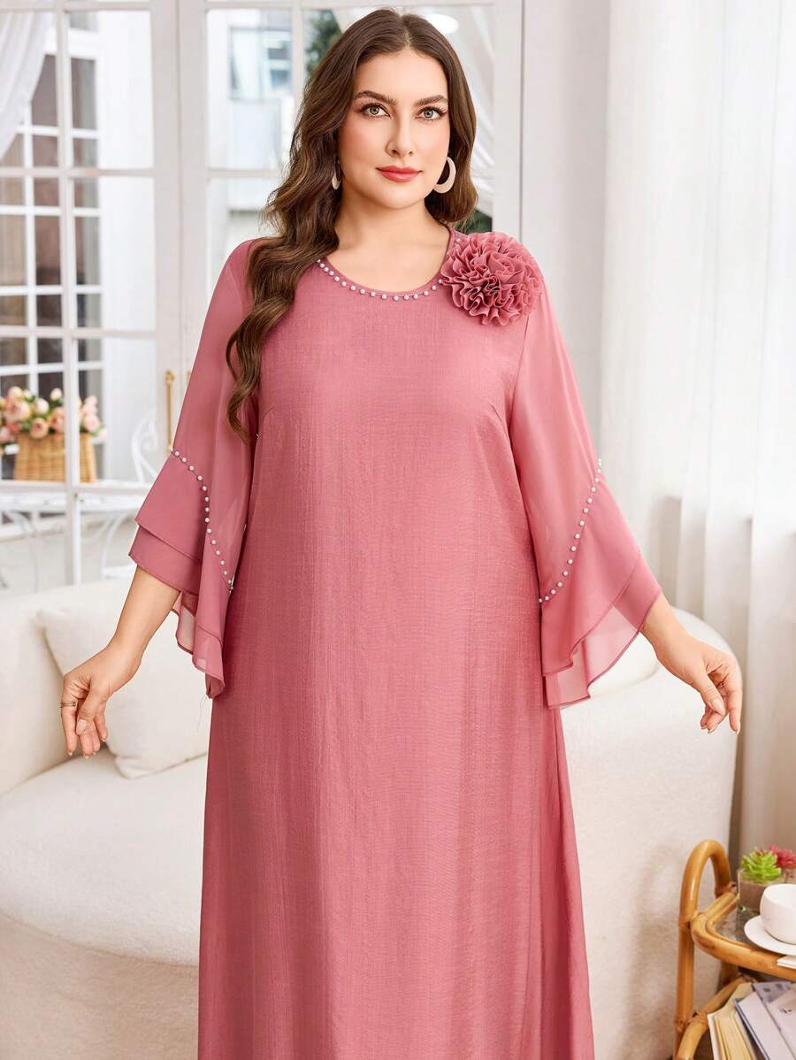 Lacomfia Plus Size Women Plain & Chiffon Patchwork Simple Conservative Casual Dress Fall - Dusty Pink - View 1