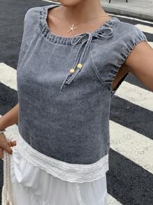 Livesso 女士牛仔系带毛衣短袖圆领衬衫，返校服装 - 藍色 - 查看 5