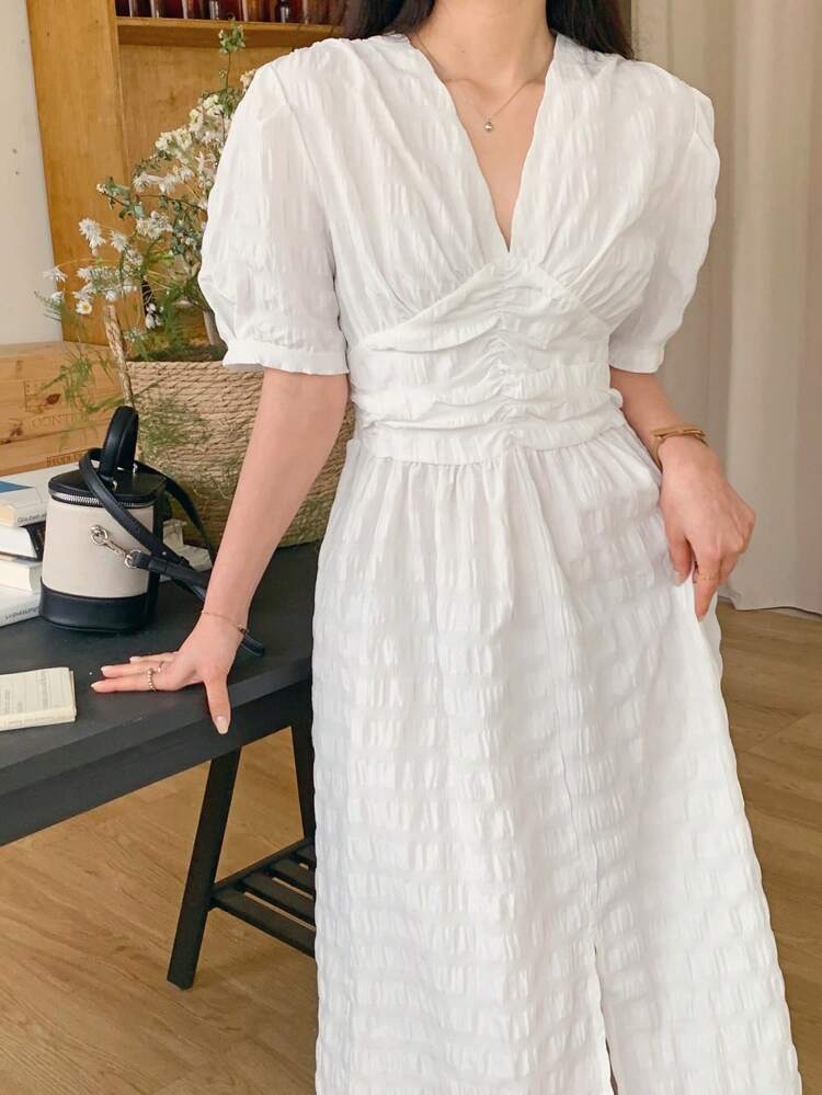 Women V-Neck Textured Split Midi Dress