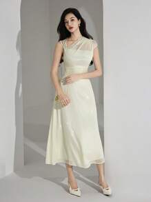 Heiryn Abito elegante midi da donna con colletto asimmetrico, in tessuto a rete bicolore