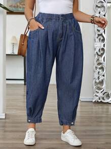 EMERY ROSE Quần Jeans Denim Không Co Giãn Cỡ Lớn Cho Nữ, Quần Denim Nhẹ Thường Ngày Có Cạp Thun, Thiết Kế Viền Hở, Quần Jeans Đèn Lồng Denim Dáng Rộng Cho Mùa Hè - Màu xanh lam - Xem 7