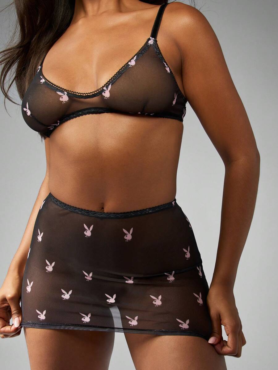 Missguided x Playboy Bunny Print Sheer Mesh Bralette And Mini Skirt High Waist Lingerie Fall Winter Collection Party Occasion - Black - View 1