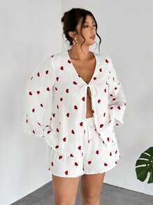 Firerie Plus Size Summer Casual Heart Embroidered Shirt & Shorts 2 Pieces Set - White - View 2