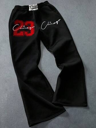 Manfinity Campus Court 男款芝加哥 23 3D 刺绣运动衫，黑色，23 运动裤，芝加哥运动裤，Y2k 运动裤，黑色图案运动裤，男款运动裤，2000 年代风格