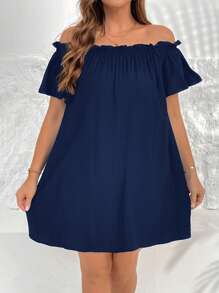 SHEIN Essnce 大码女装春夏时尚休闲宽松舒适凉爽百搭日常单肩露肩黑色短裙、度假装、伊比沙岛、欧洲夏季、茶会礼服、女士沙滩裙、女士早午餐装 - 藏蓝色 - 查看 4